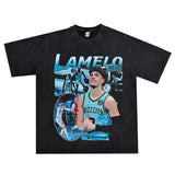Basket Ball Star T Shirt Washed Distressed Lamelo Ball Printed Short Sleeve T-Shirt Vintage Pure Cotton