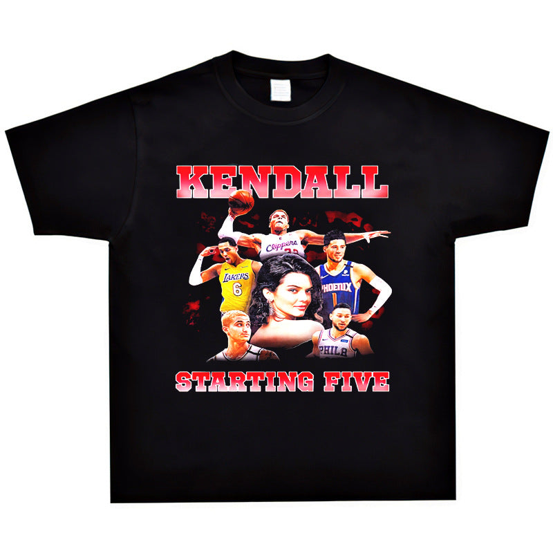 Basket Ball Star T Shirt Starting Five Retro Washed Distressed T-shirt Short Sleeve Loose Men and Women