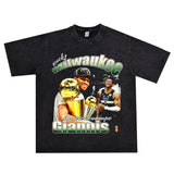 Basket Ball Star T Shirt Washed Distressed Printed T-Shirt Short Sleeve Loose Retro Cotton