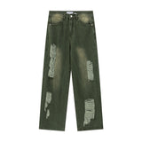 Men Jeans Ripped Wide-Legged Straight Jeans Retro Trousers