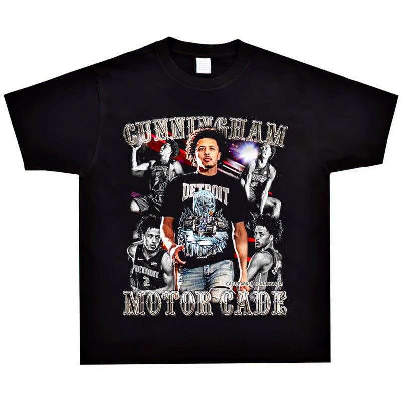 Basket Ball Star T Shirt Cade Cunningham Washed Distressed Printed T-shirt Short Sleeve Loose Wide