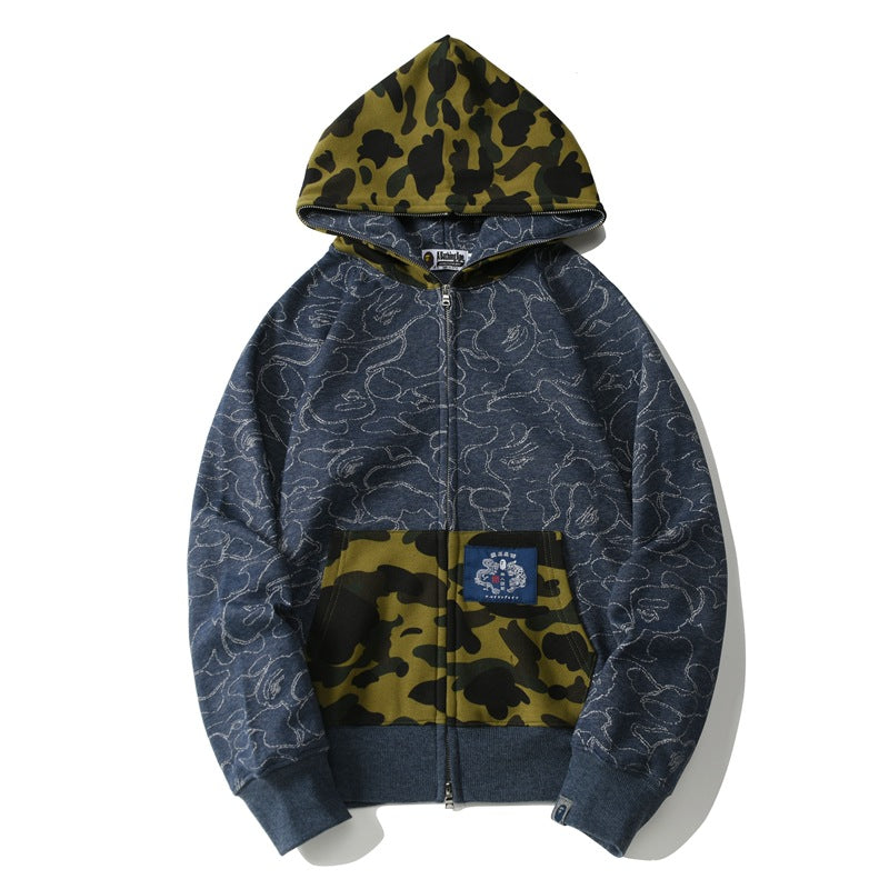 Bathing Ape Hoodie Camo Ape Head Embroidered Splicing Hooded Cardigan Zip Sweater Jacket