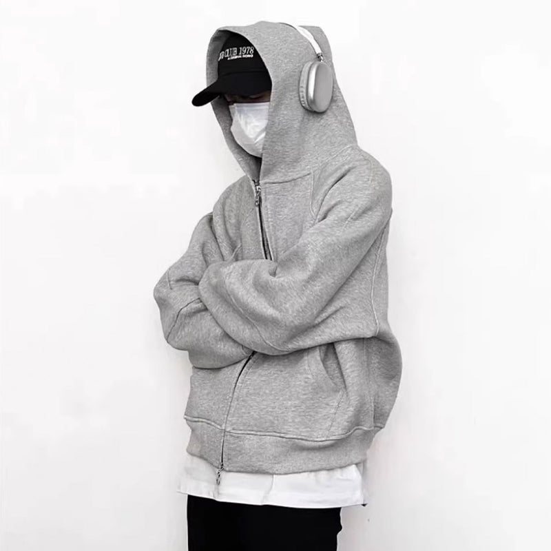MIJKO Mens Jacket Double Zipper Heavy Simple Hooded Sweater