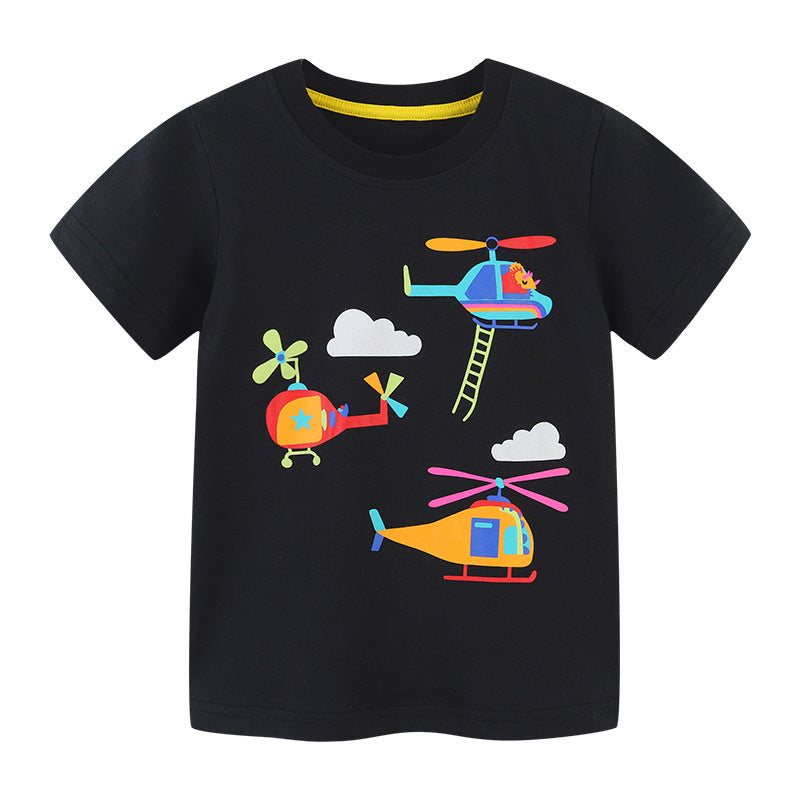 Boy T Shirt Children's Summer Clothing European and American Style Boy's Short-Sleeved T-shirt Cartoon round Neck Printed Children