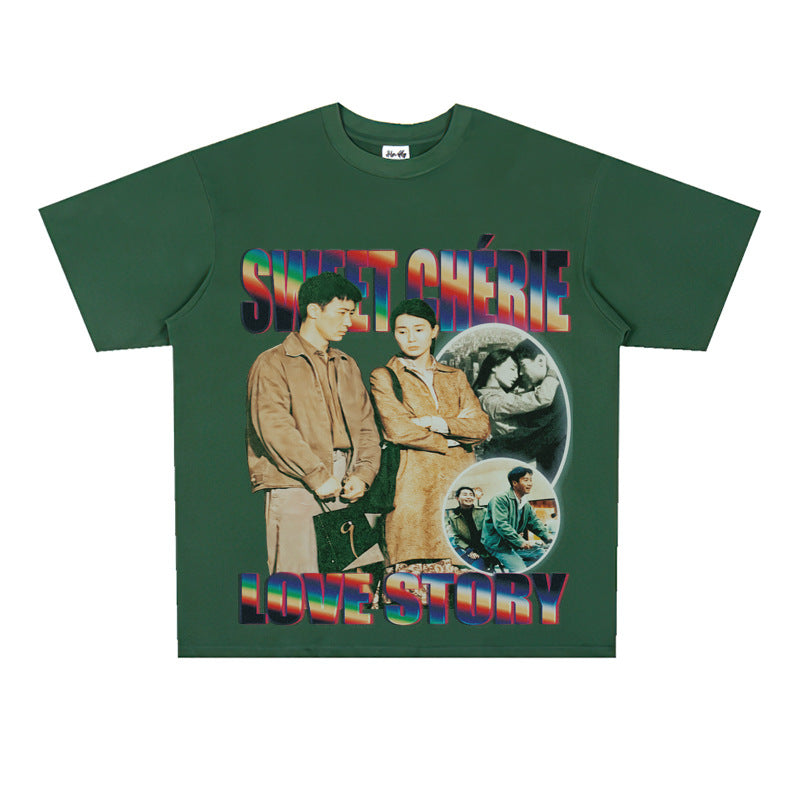 Film Star T Shirt Loose Heavy Retro Street Cotton Small Neckline T-shirt for Men and Women