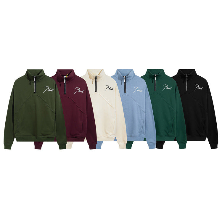 Rhude Hoodie Autumn Winter Retro Stand Collar Half Zip Embroidery Stitching Sweatshirt