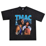 Basket Ball Star T Shirt Washed Distressed Printed T-shirt Short Sleeve Loose Retro Cotton