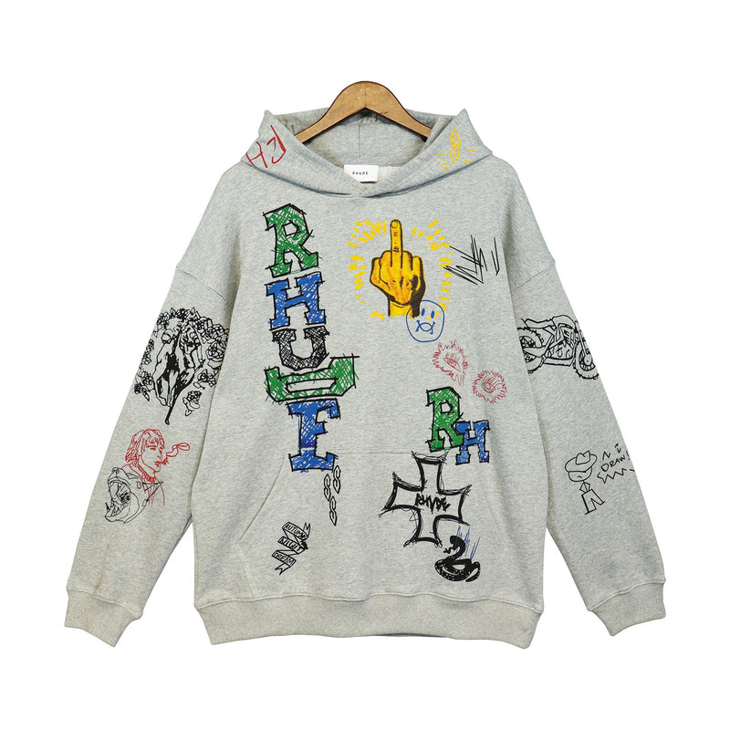 Rhude Hoodie Hand Painted Graffiti Printing Couple Hooded Sweater Hoodie