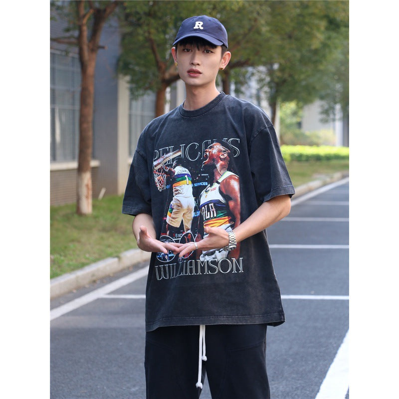 Basket Ball Star T Shirt Wash Distressed T-shirt Retro Short Sleeve