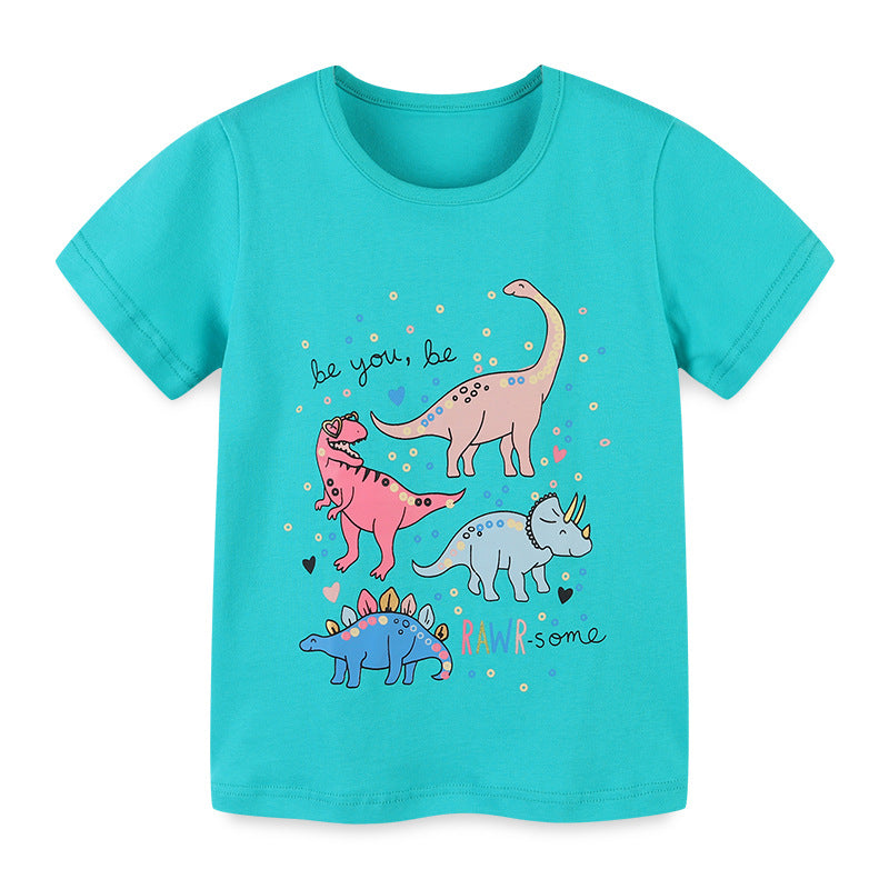 Boy T Shirt Children's T-shirt Summer Knitted Cotton round Neck Cartoon Printed Girl's Short-Sleeved T-shirt