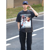 Basket Ball Star T Shirt Basketball Washed Distressed Short Sleeve Printed round Neck Loose T-shirt Pure Cotton