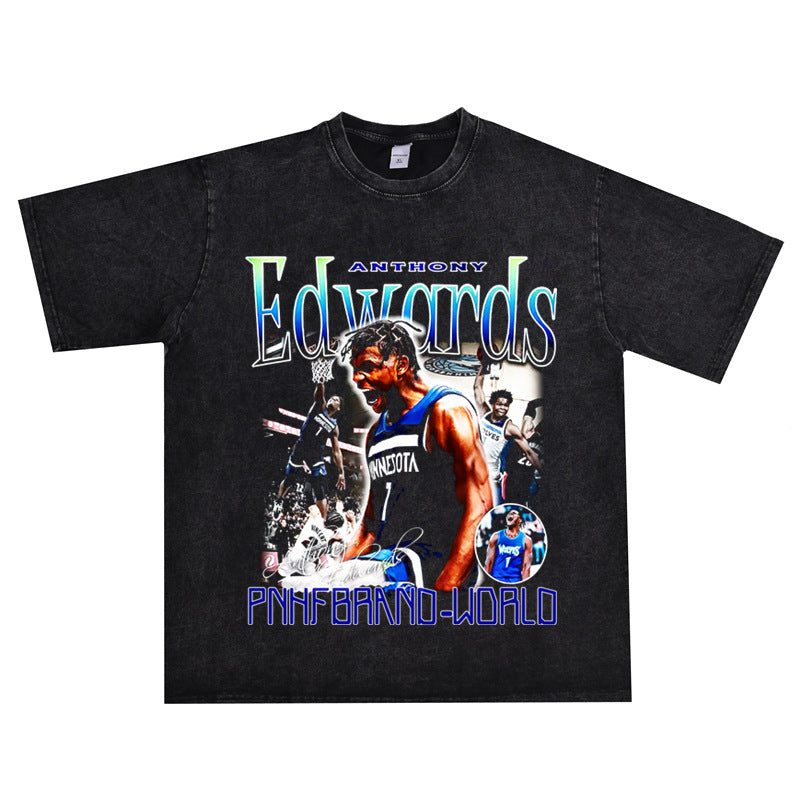 Basket Ball Star T Shirt Basketball Short Sleeve Anthony Edwards Washed Distressed T-shirt Loose
