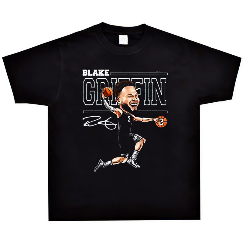 Basket Ball Star T Shirt Basketball Short Sleeve Washed Distressed round Neck T-shirt Loose