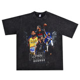 Basket Ball Star T Shirt Basketball Paul George Washed Distressed Printed T-Shirt Vintage Cotton Short Sleeve