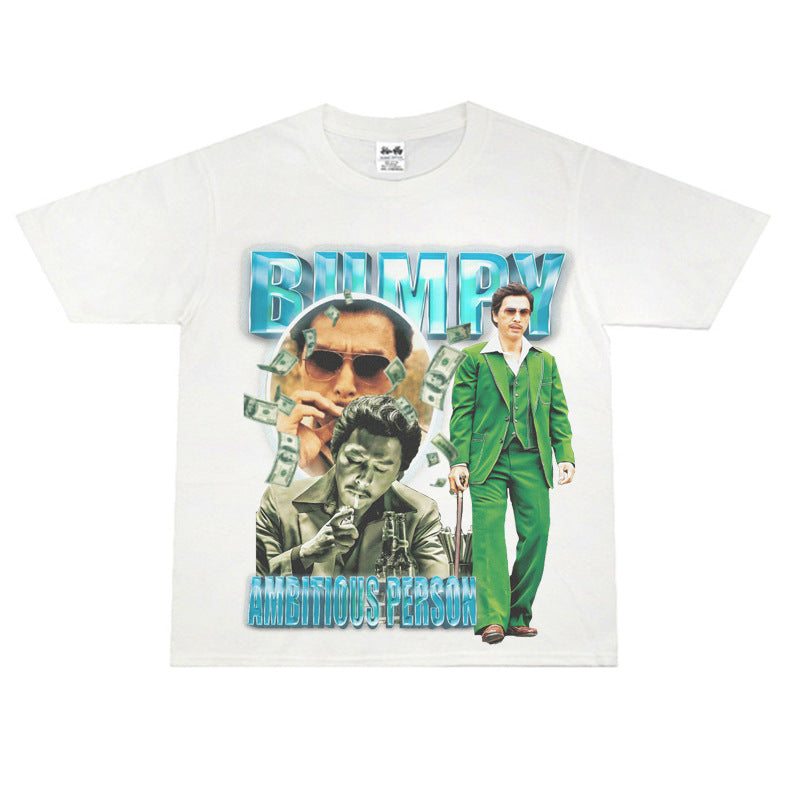Film Star T Shirt Loose Heavy Retro Street Cotton Small Neckline T-shirt for Men and Women