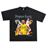 Basket Ball Star T Shirt Basketball Stephen Curry Washed Distressed Printed T-Shirt Short Sleeve Retro Pure Cotton