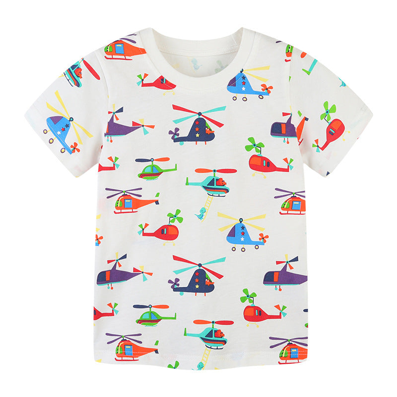 Boy T Shirt Children's Summer Clothing Knitted Cotton Children's Short-Sleeved T-shirt Cartoon round Neck Printing
