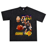 Basket Ball Star T Shirt Basketball Washed Distressed Devin Booker Short Sleeve Loose-Fitting Pure Cotton T-Shirt