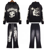 Mens trendy Hoodie & Pants Wash water do old print casual hoodie sweatpants