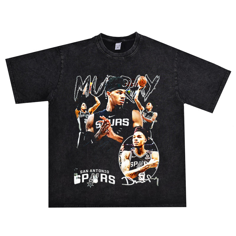 Basket Ball Star T Shirt Dejounte Murray Washed Distressed Printed T-shirt Retro Short Sleeve Cotton
