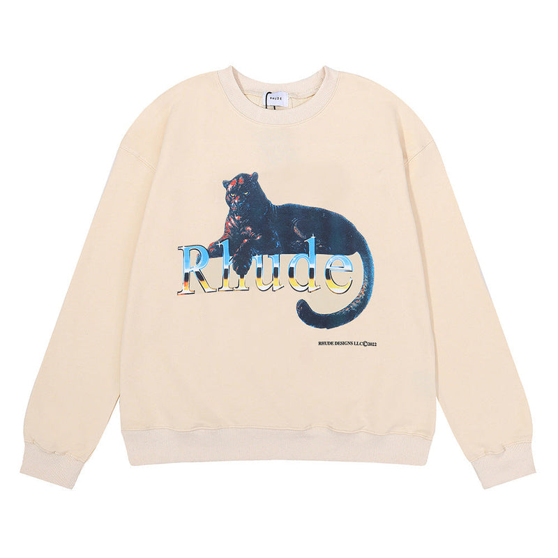 Rhude Hoodie Black Leopard Leopard Printed Hip Hop Men's and Women's Casual round Neck Terry Sweater