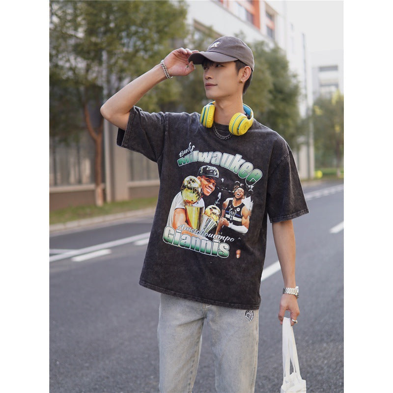 Basket Ball Star T Shirt Washed Distressed Printed T-Shirt Short Sleeve Loose Retro Cotton