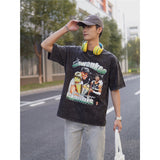 Basket Ball Star T Shirt Washed Distressed Printed T-Shirt Short Sleeve Loose Retro Cotton