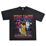 Basket Ball Star T Shirt Lebron James Washed Distressed Street American T-Shirt Loose