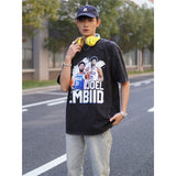 Basket Ball Star T Shirt Basketball Joel Embiid Washed Distressed T-shirt Short Sleeve Loose Retro