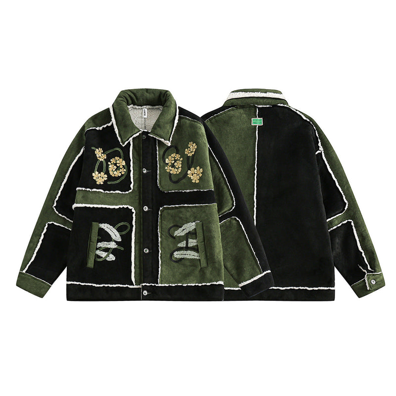 Unisex Down Jacket Winter Floral Embroidery Contrast Lamb Fleece