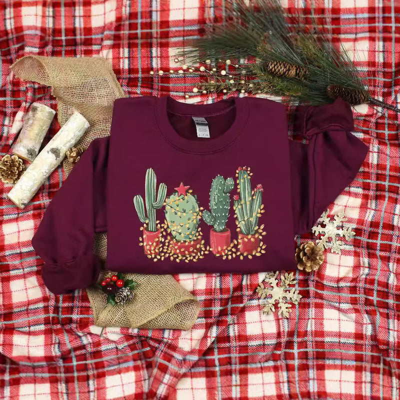 Cute Cotton Christmas Cactus Tape Lights Sweatshirt
