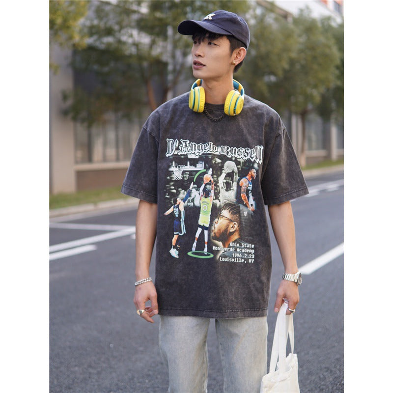 Basket Ball Star T Shirt D'angelo Russell Washed Distressed Printed T-shirt Short Sleeve Vintage Pure Cotton
