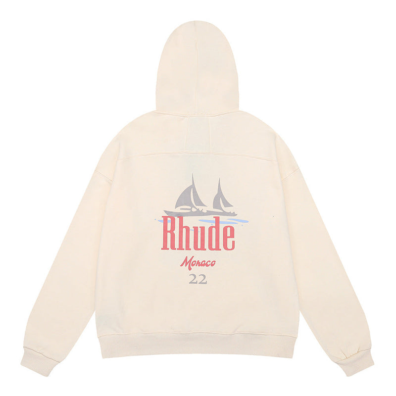 Rhude Hoodie Sailboat Printed Cotton Men and Women Couple Hooded Sweater