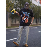 Basket Ball Star T Shirt Washed Distressed Printed T-shirt Short Sleeve Loose Retro Cotton