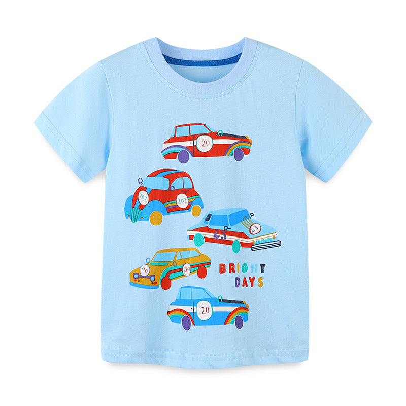 Boy T Shirt Children's Summer Clothing T-shirt European and American Cartoon round Neck Short Sleeve Bottoming Shirt Knitted Cotton