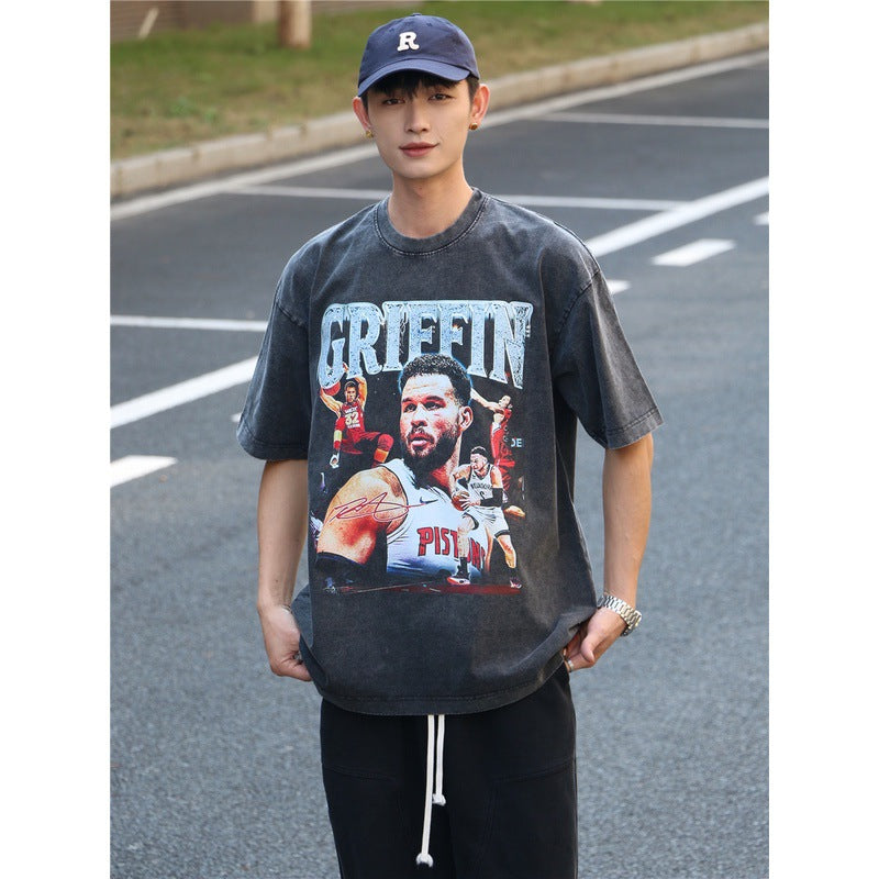 Basket Ball Star T Shirt Basketball Short Sleeve Washed Distressed round Neck T-shirt Loose