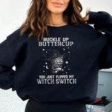 Halloween Cat Buckle Up Butter Cup Print Pullover For Women
