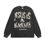 Vintage Hoodie text print long short sleeve t-shirt washed old t-shirt