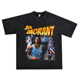 Basket Ball Star T Shirt Basketball Ja Morant Printed Washed Distressed T-Shirt Cotton Short Sleeve Loose