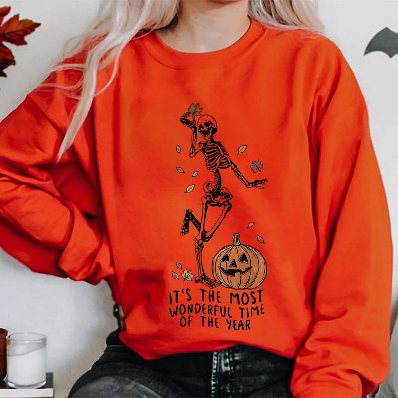 Halloween Skeleton & Pumpkin Print Sweatshirts Casual Long