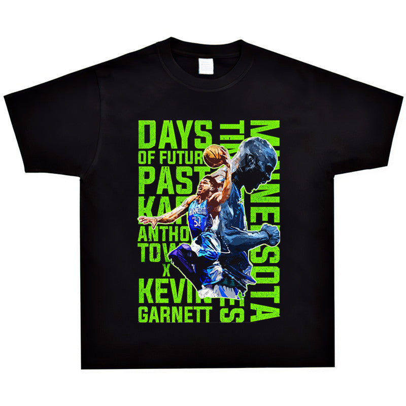 Basket Ball Star T Shirt Towns Washed Distressed Printed T-shirt Retro Short Sleeve round Neck Loose