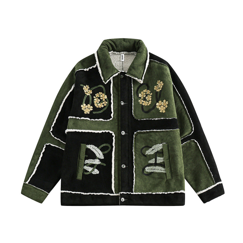 Unisex Down Jacket Winter Floral Embroidery Contrast Lamb Fleece