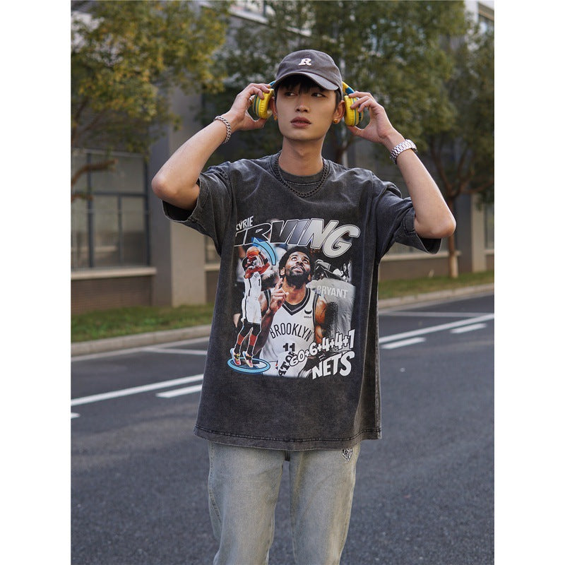 Basket Ball Star T Shirt Basketball Kyrie Irving Short Sleeve Printed American T-Shirt Retro Pure Cotton