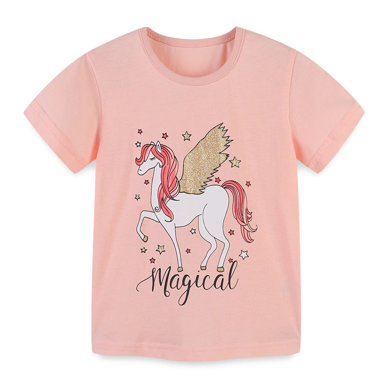 Boy T Shirt Children's T-shirt Summer Knitted Cotton Cartoon round Neck Girl T-shirt