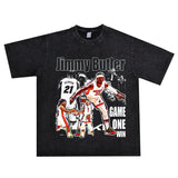 Basket Ball Star T Shirt Jimmy Butler Printed Washed Distressed T-shirt Cotton Short Sleeve round Neck