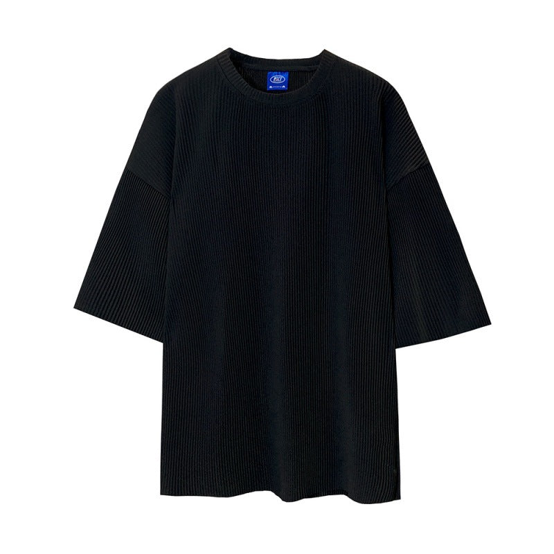 Mariner Shirt Men's Clothing Pleated Short Sleeves Japanese Loose Striped Korean Style round Neck T-shirt