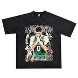 Basket Ball Star T Shirt Jayson Tatum Washed Distressed Printed T-Shirt Loose Retro Short Sleeve