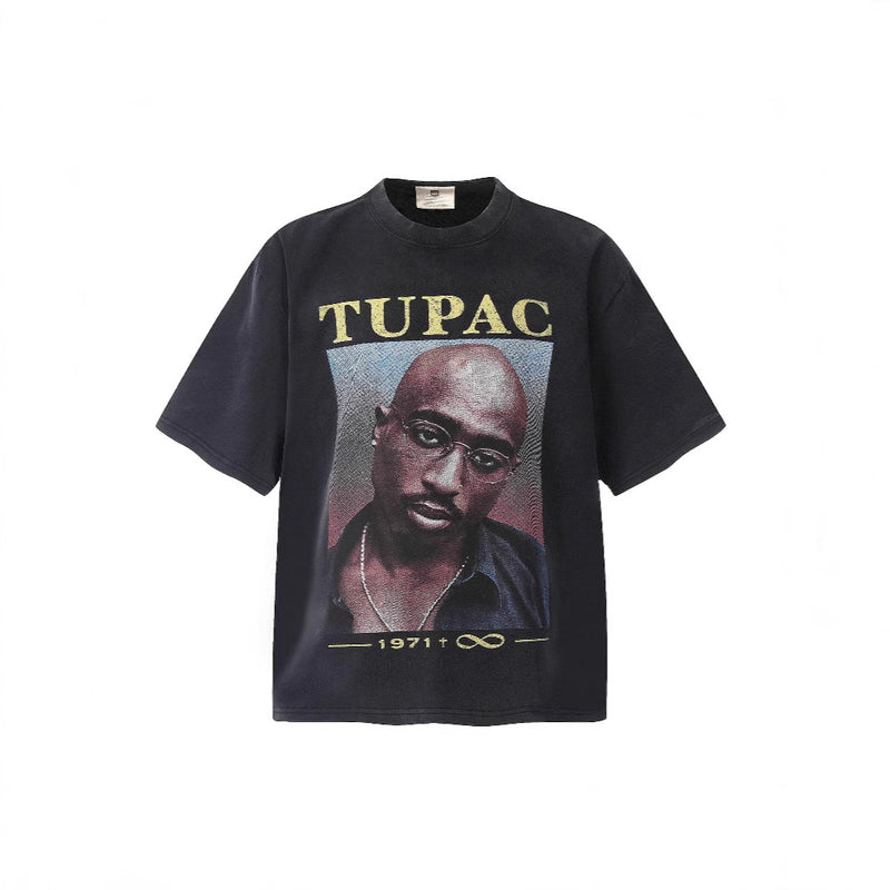 Mens T-shirts Tupac 2pac print vintage washed do old short sleeve T-shirt