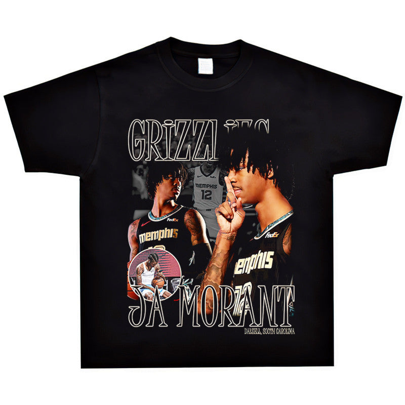 Basket Ball Star T Shirt Basketball Ja Morant Printed Washed Distressed T-Shirt Cotton Short Sleeve Loose
