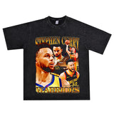 Basket Ball Star T Shirt Basketball Stephen Curry Washed Distressed Printed T-Shirt Short Sleeve Retro Pure Cotton